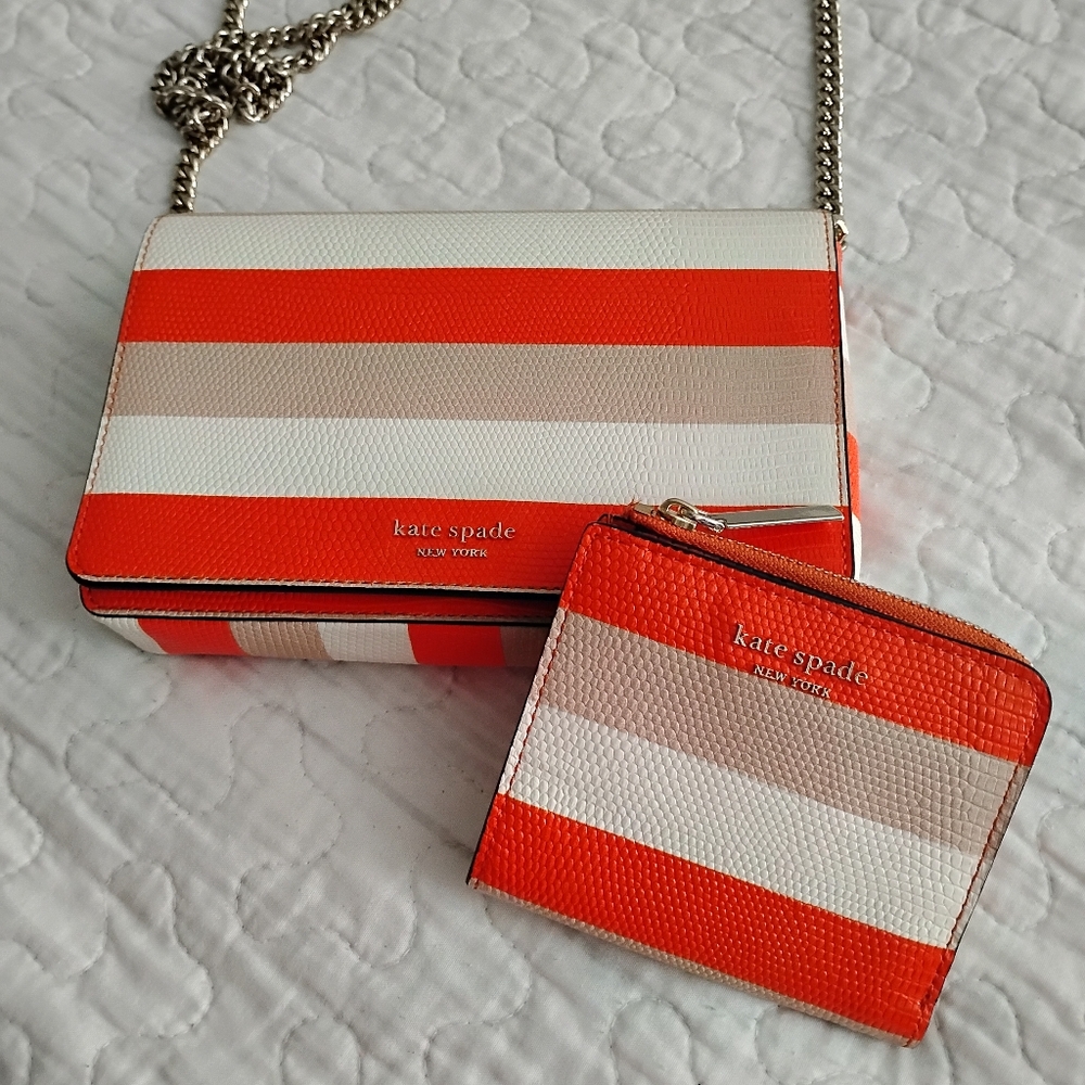 Kate Spade Orange, Tan, and White Striped Crossbody Bag with Wallet